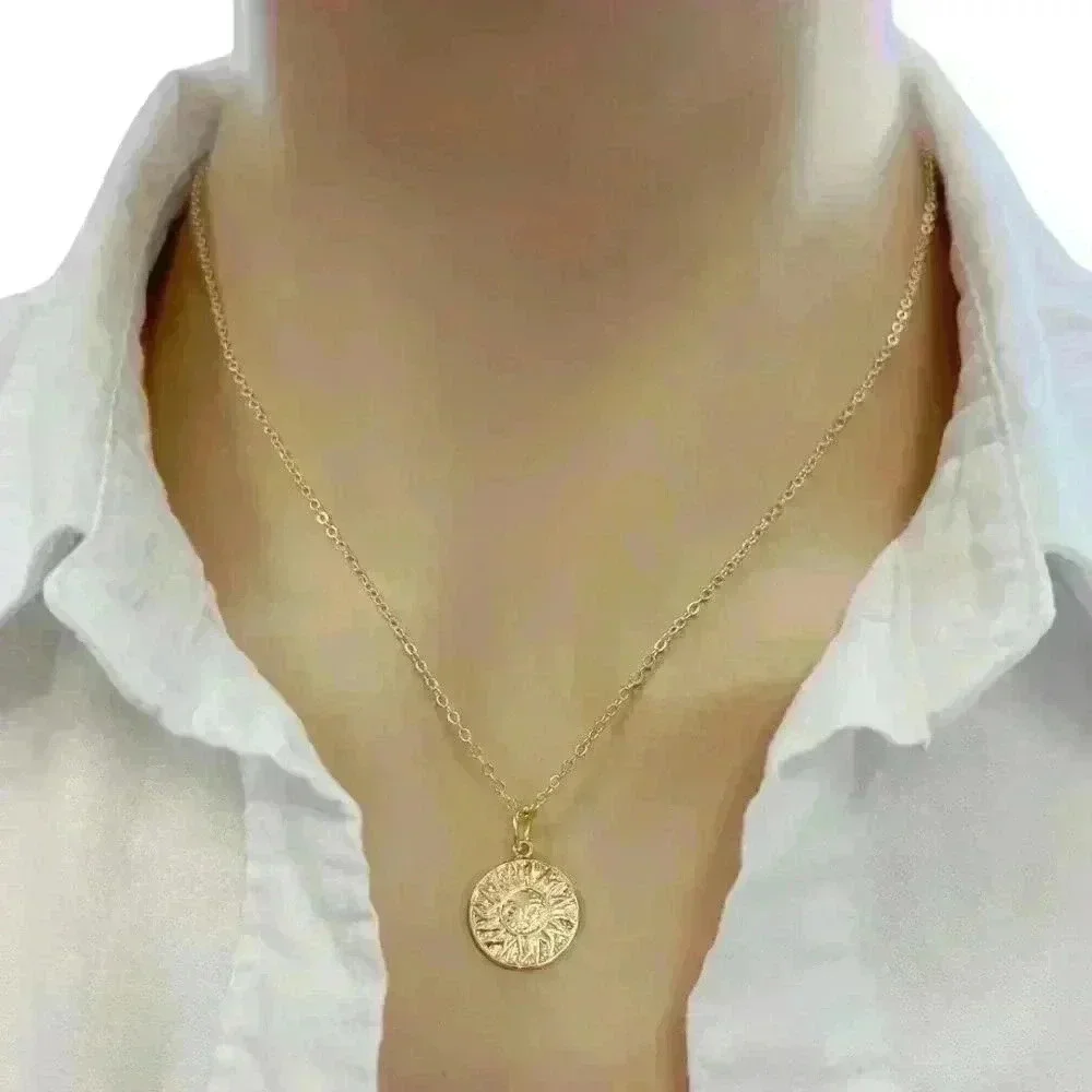 Aztec gold sun coin necklace gold plated 18K pendant 14K necklace chain dainty